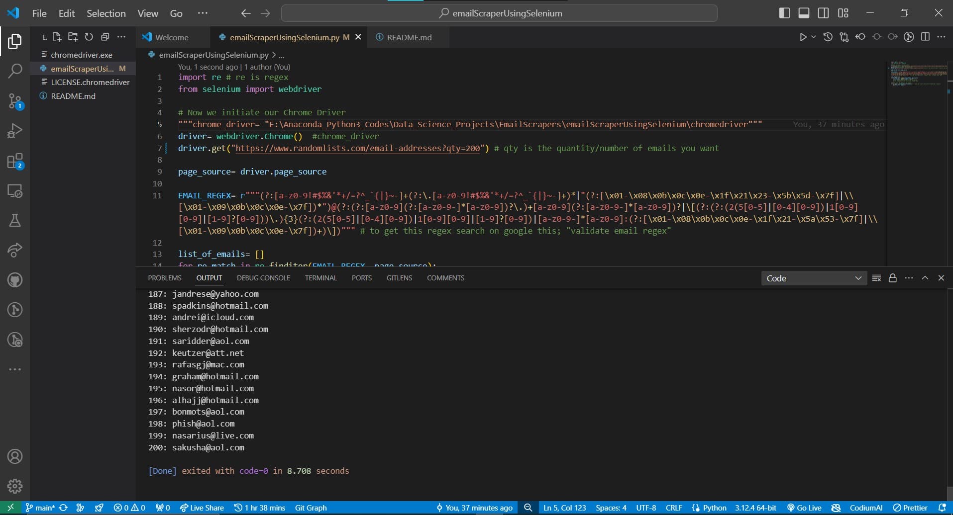 Screenshot of Email Scraping Tool